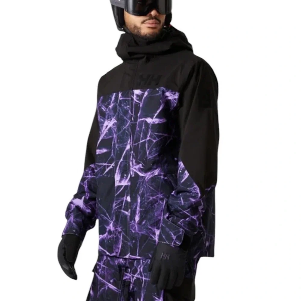 Helly Hansen ULLR Ski Jacket XL Relaxed Fit Purple Black Ice Print Hooded Shell